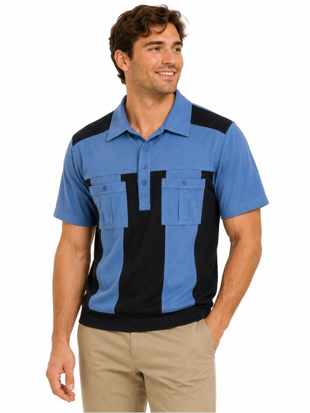 Haband Casual Joe Colorblock Knit Polo Blue Black Textured Pocket Shirt Small
